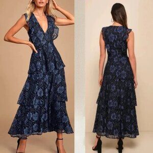 Lulus Molinetto Navy Blue Lace Ruffled Tiered Sleeveless Maxi Dress Size M